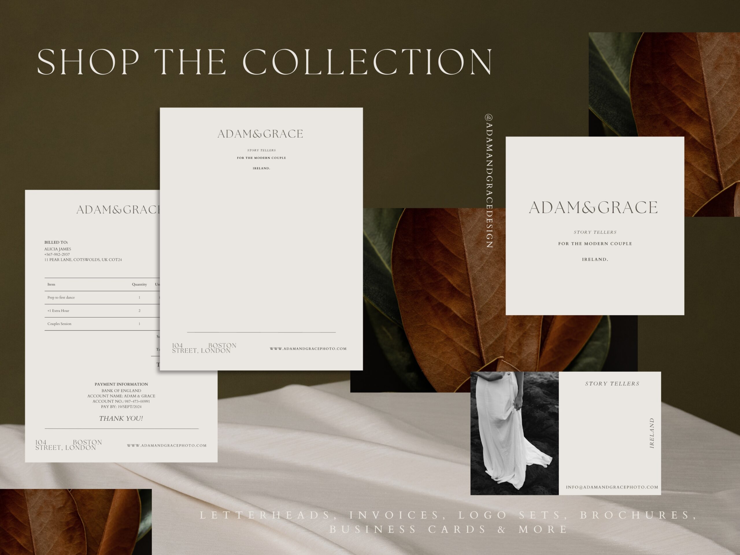 Shop the collection graphic design branding set and kit for wedding photographers and small businesses, letterhead designs, invoices and logo and business cards