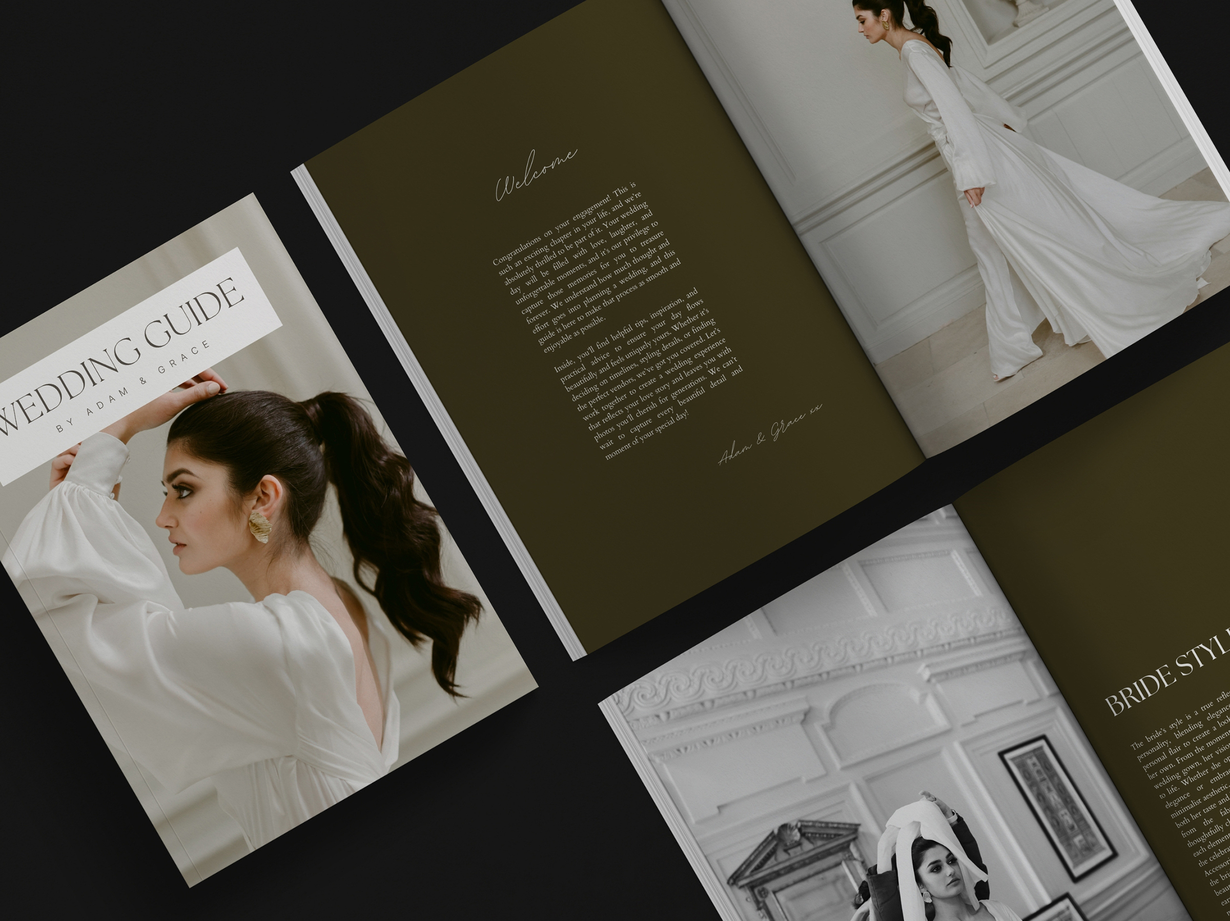 Wedding photography guide template design for brides and grooms with modern minimal text and bridal imagery 