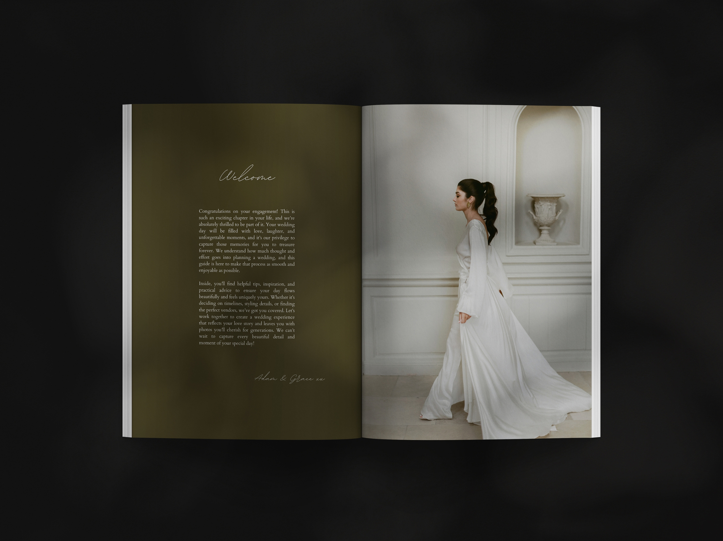 Book with a welcome page design and a bridal model. A welcome guide for wedding photographers with black background